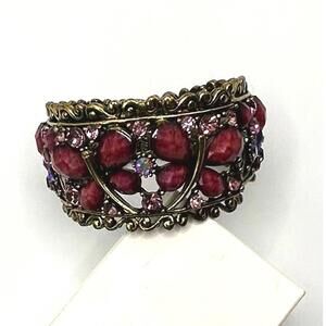 Vintage 1950s Hinged Bracelet, Deep Pink Cabochons, Rhinestones & Dragonflies